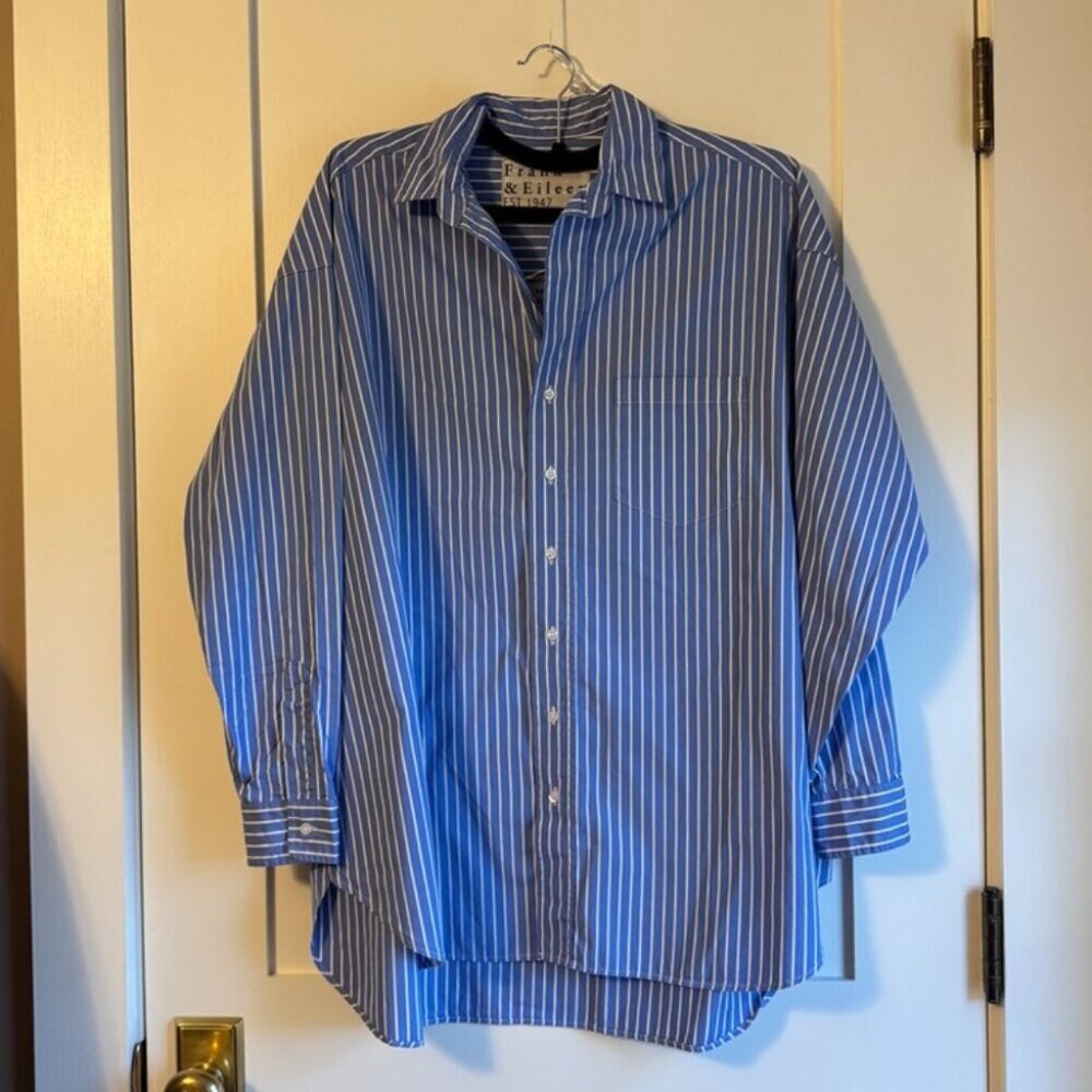 FRANK & EILEEN Shirley Oversized Cotton Button Down Shirt In Blue Stripe